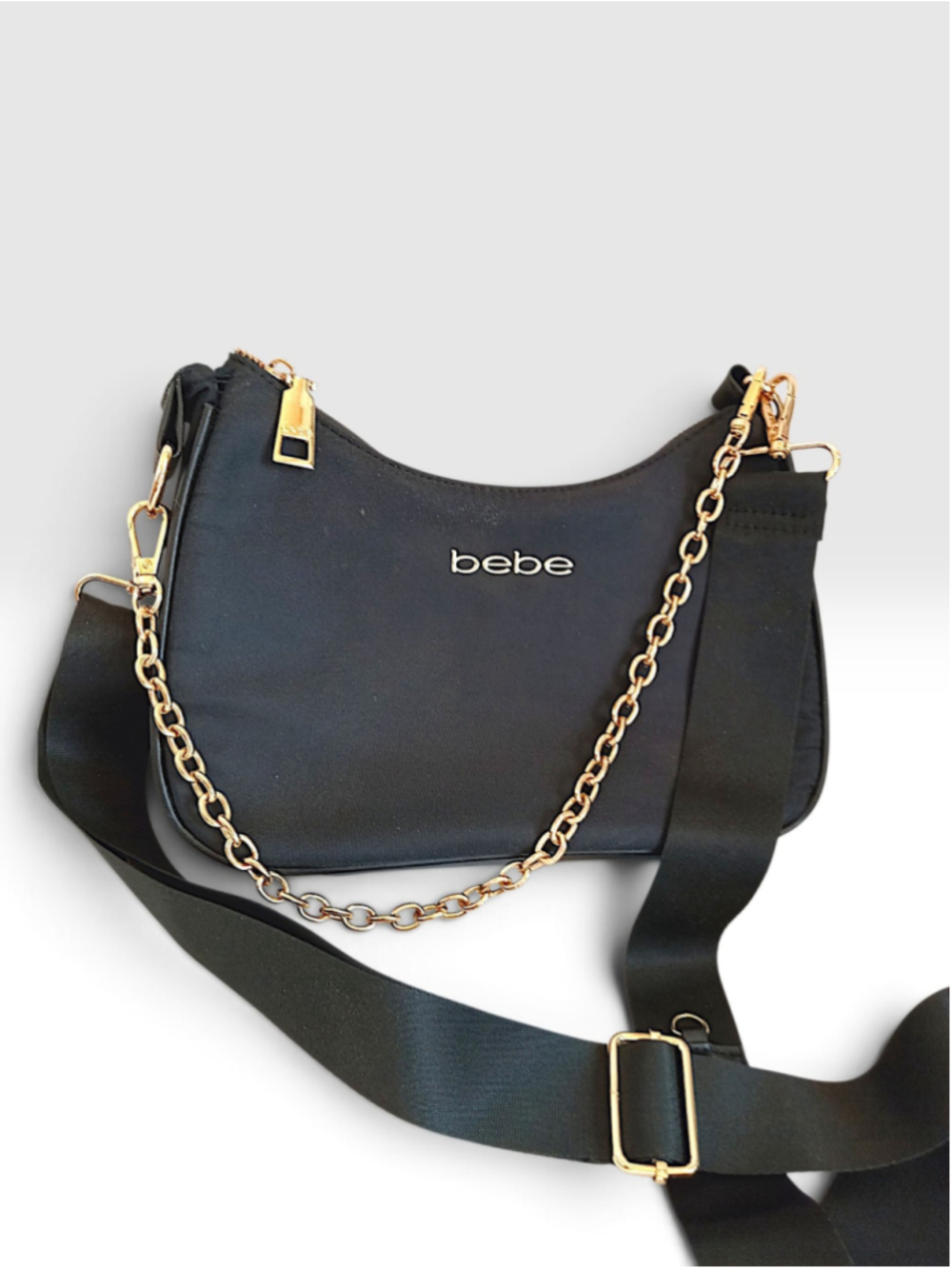 Bebe Mara Black Nylon Crossbody Bag with Gold Chain Accent Purse Sleek Modern